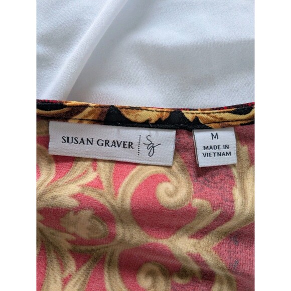 Susan Graver Tunic Top Womens M Red Black Gold Damask Print Glamcore Maximalist - Picture 3 of 11